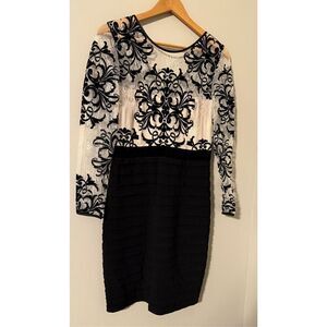 Betsy & Adam 8 Petite Sheer Sleeve Fleur De Lis Bandage Skirt Dress Black Cream